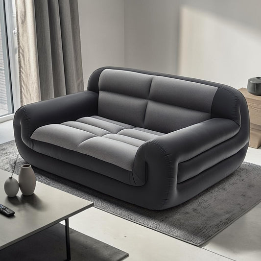 Vadon Double Inflatable Sofa Bed - 2 Person Blow Up Couch with High Backrest & Armrests - Extra Thick Flocked Surface - Portable Guest Bed for Home & Office - Grey/Black